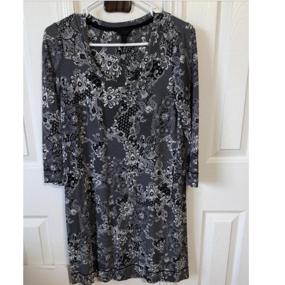 Soma Women XS Black White Floral 3/4 Sleeve Stretch Pocket Dress Scoop Neck